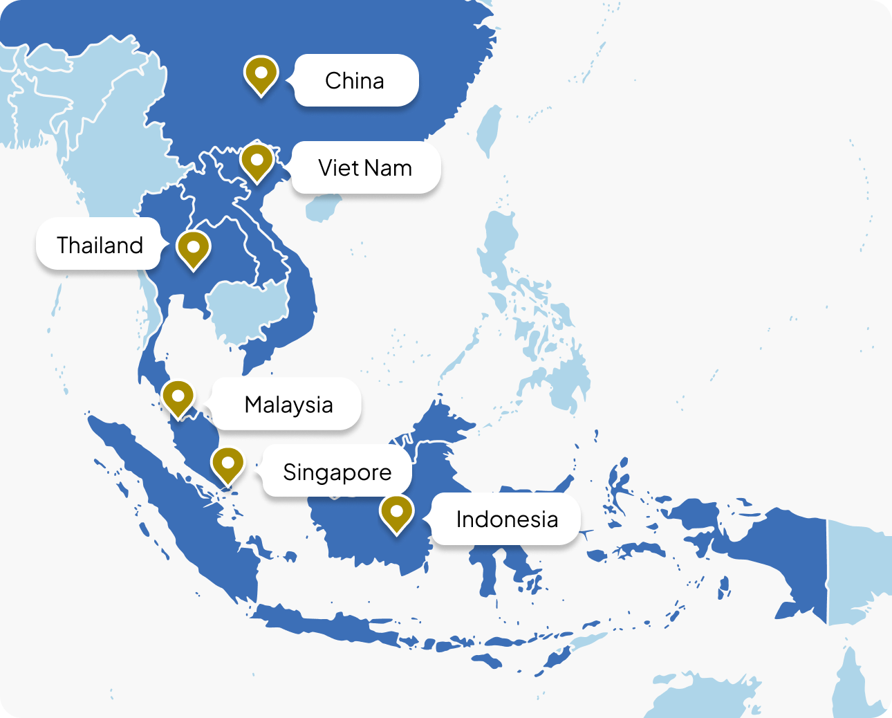 Map of TG Global sources and quarries: China, Viet Nam, Thailand, Malaysia, Singapore, Indonesia